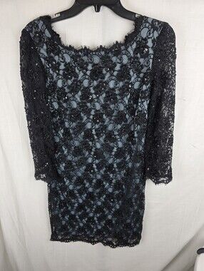 Adrianna Pappell Evening Black Lace Overlay Sequinced Dress w/Blue Lining Sz 8